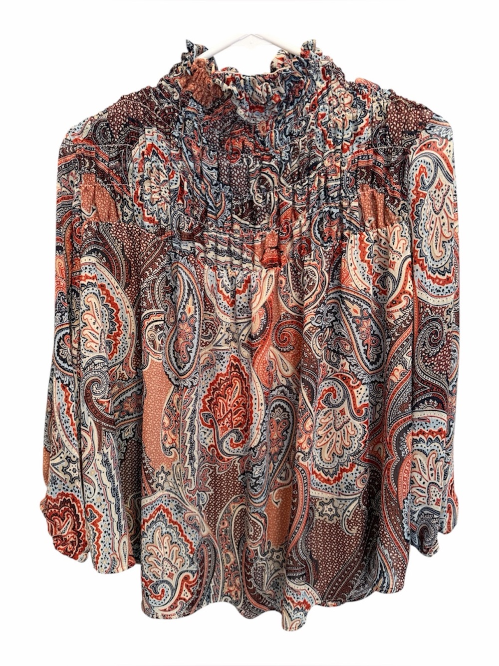 Tommy Hilfiger Paisley Smock Neck Blouse Rust, Navy, Cream. Lined. Size Large